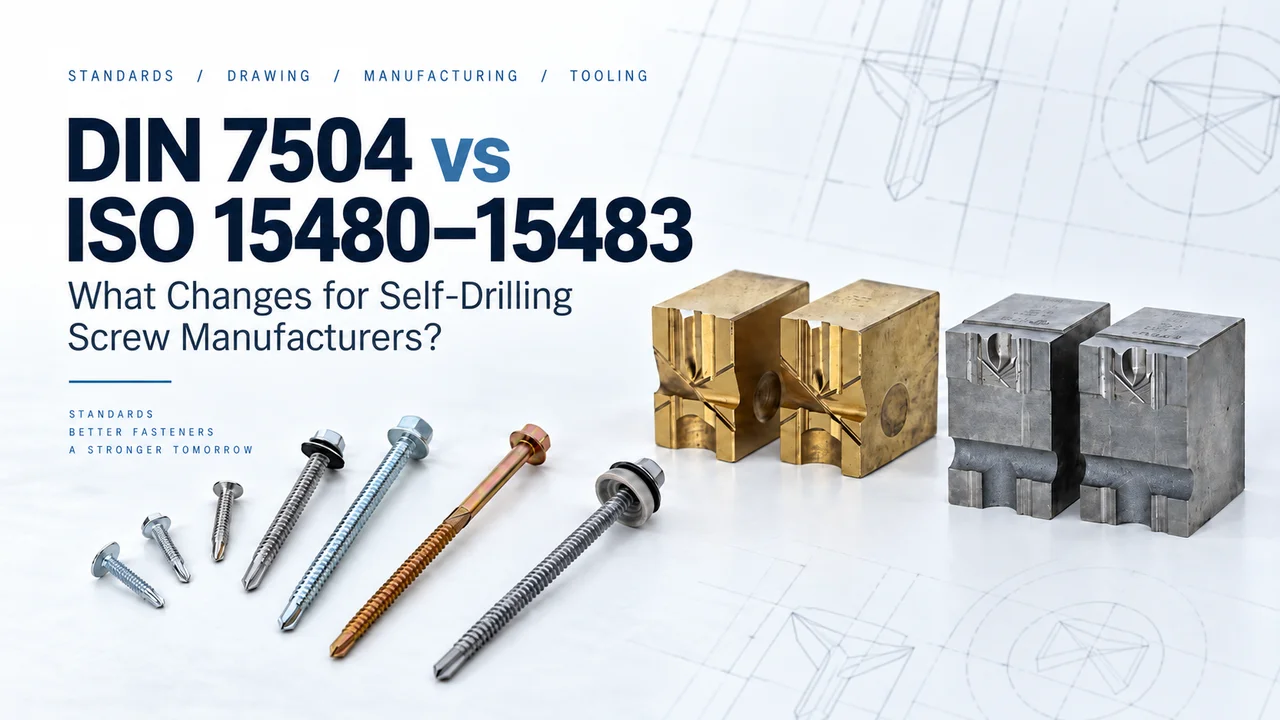 DIN 7504 vs. ISO 15480–15483: Bohrschrauben mit verschiedenen Kopfformen neben Bohrspitzenmatrizen aus Messing und Stahl