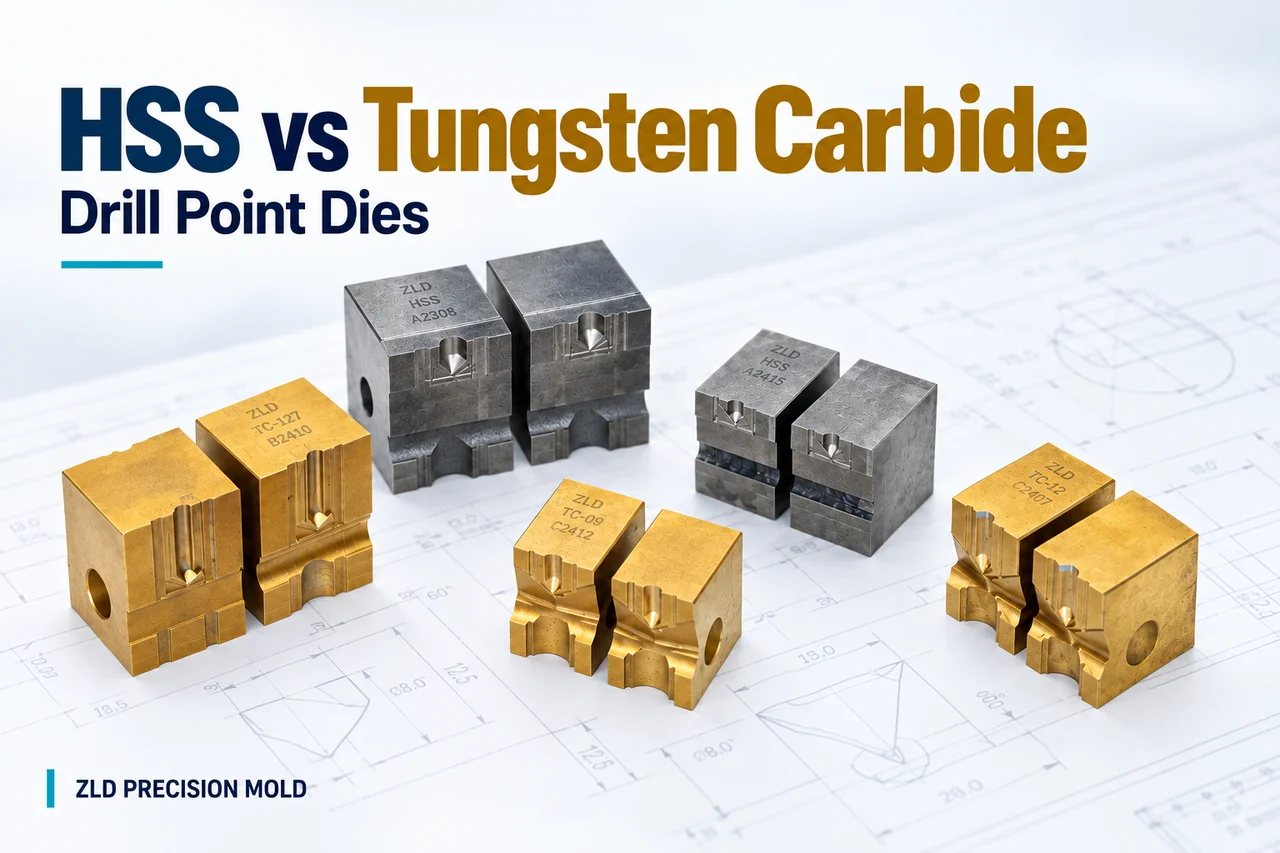 HSS and tungsten carbide drill point dies from ZLD Precision Mold, shown side by side on a technical drawing